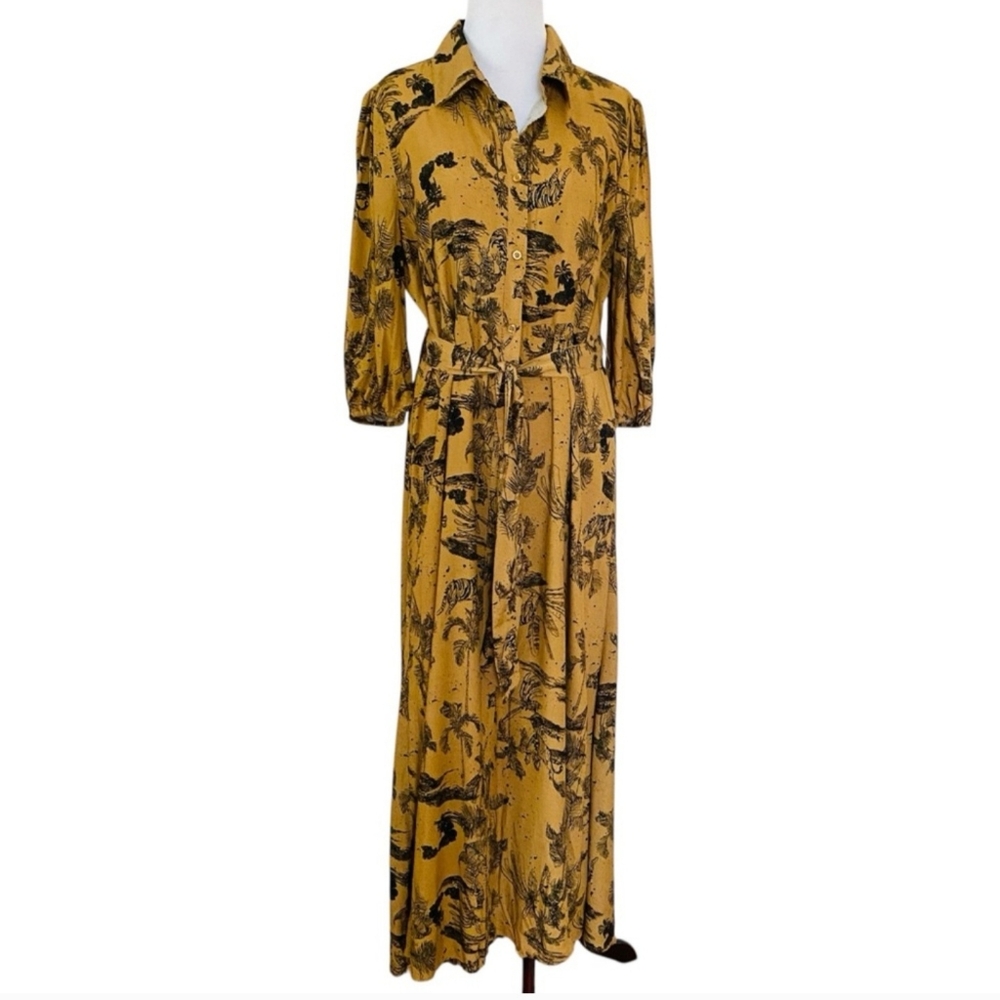 Alex & Parker Floral Maxi Dress Palm Tree Medium Tan Yellow